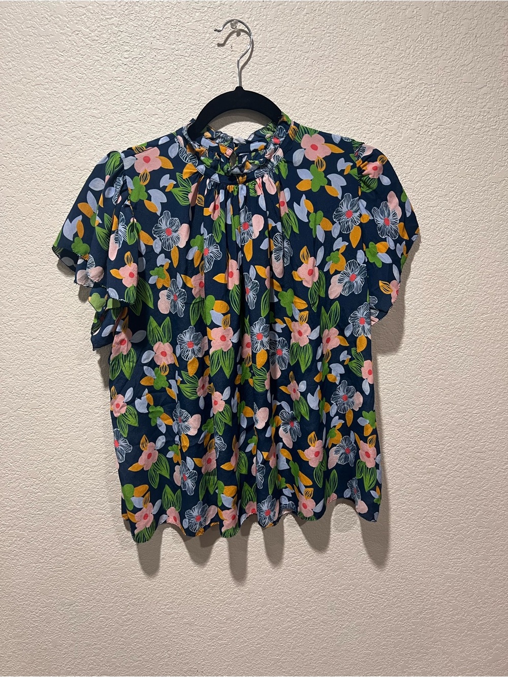 Navy Floral Ruffle Mock-Neck Blouse